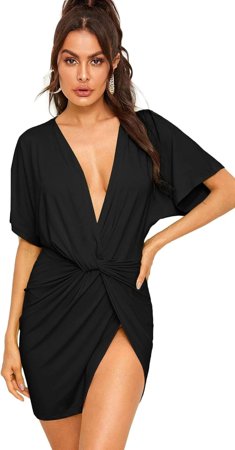 Women'S Deep V Neck Twisted Plunging High Slit Mini Party Dress