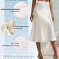 Women'S Satin High Waist Hidden Elasticized Waistband Flared Casual a Line Midi Skirt