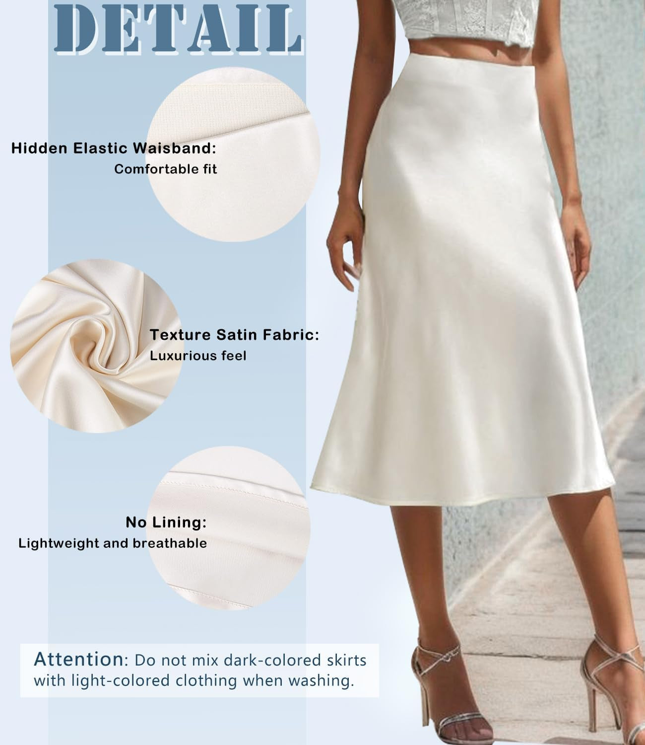 Women'S Satin High Waist Hidden Elasticized Waistband Flared Casual a Line Midi Skirt