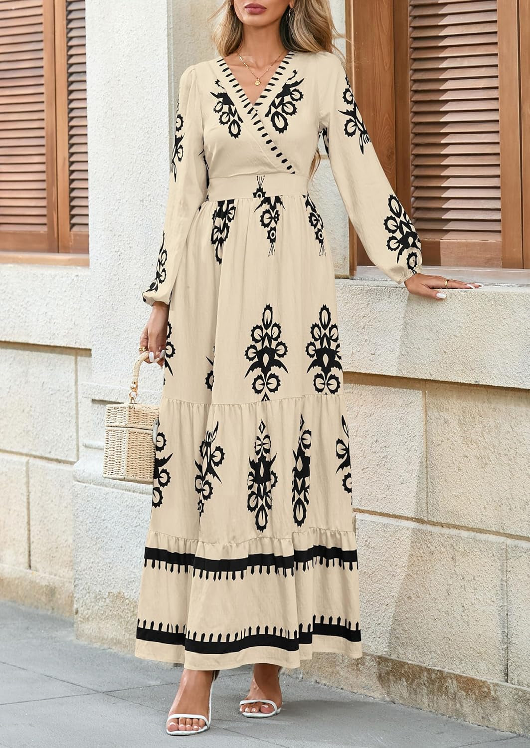 Women'S 2025 Fall Wedding Guest Dresses Boho Floral Long Sleeve V Neck Flowy Elegant Maxi Dress Beach Clothes