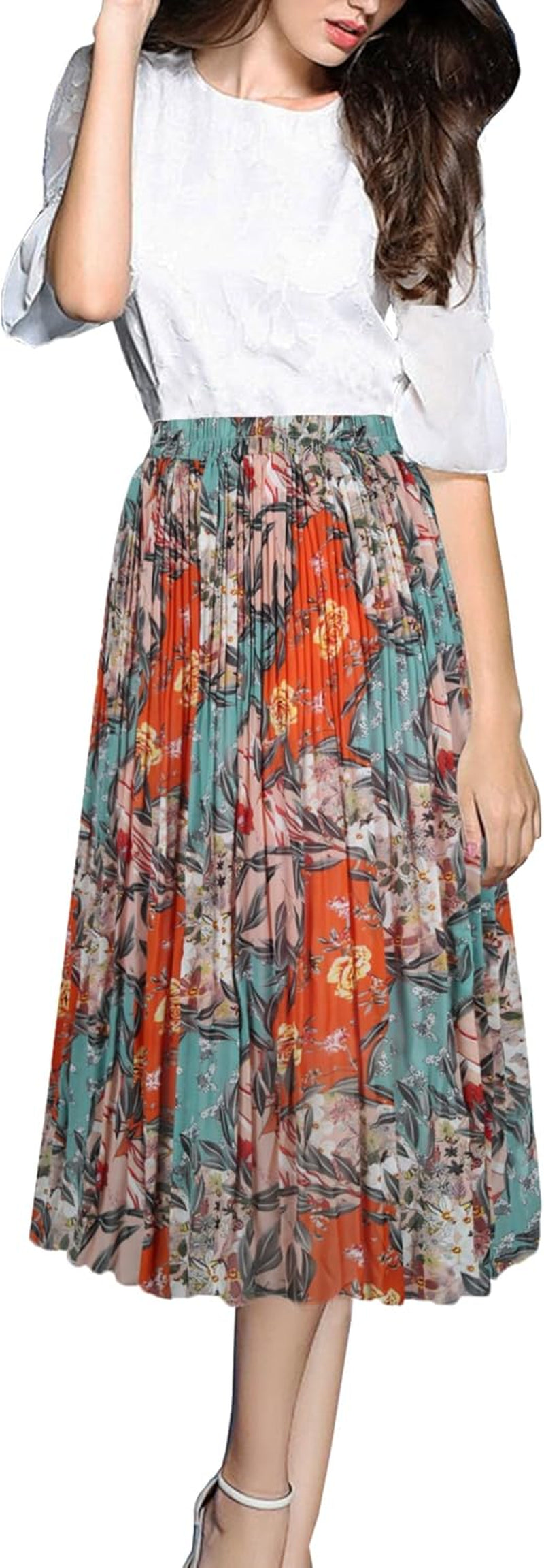 Women'S Chiffon Pleated Skirts Elastic High Waist A-Line Midi Skirts for Casual Party Holiday