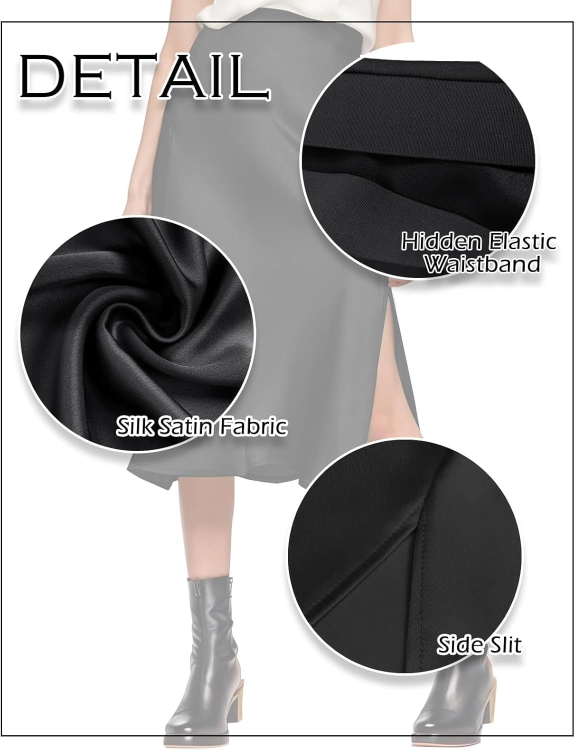 Womens Satin Silk High Waist Slit Midi Skirt Elastic Waistband Midi Skirts for Women