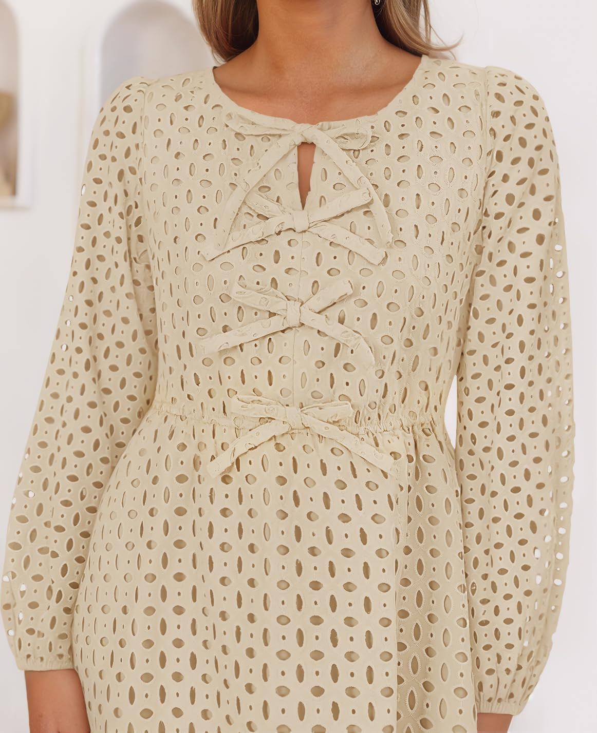 Women'S Long Sleeve Mini Dress 2025 Fall Crewneck Tie Front Hollow Out Eyelet Babydoll a Line Short Dresses