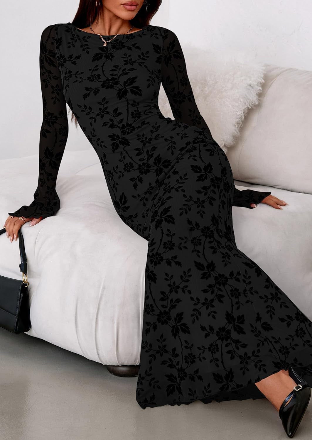 Women'S Floral Bodycon Maxi Dress 2025 Fall Elegant Mesh Long Sleeve Formal Wedding Guest Cocktail Dresses