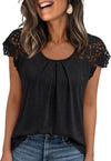 Womens Lace Tops Pleated Short Sleeve Shirts Summer Business Casual Dressy Blouses