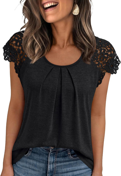 Womens Lace Tops Pleated Short Sleeve Shirts Summer Business Casual Dressy Blouses