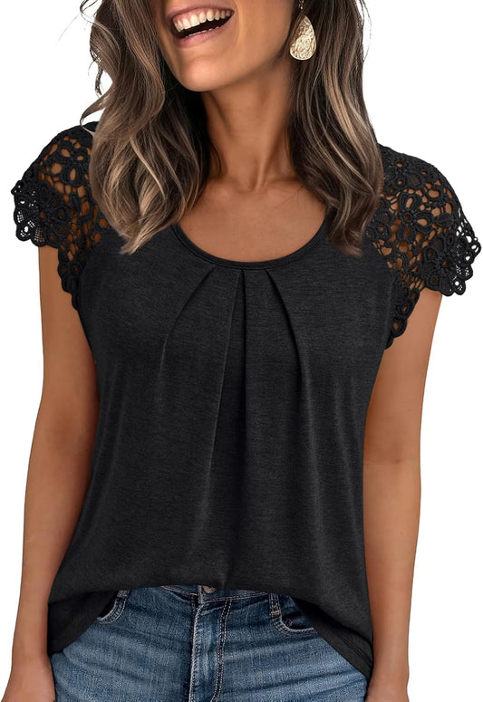 Womens Lace Tops Pleated Short Sleeve Shirts Summer Business Casual Dressy Blouses