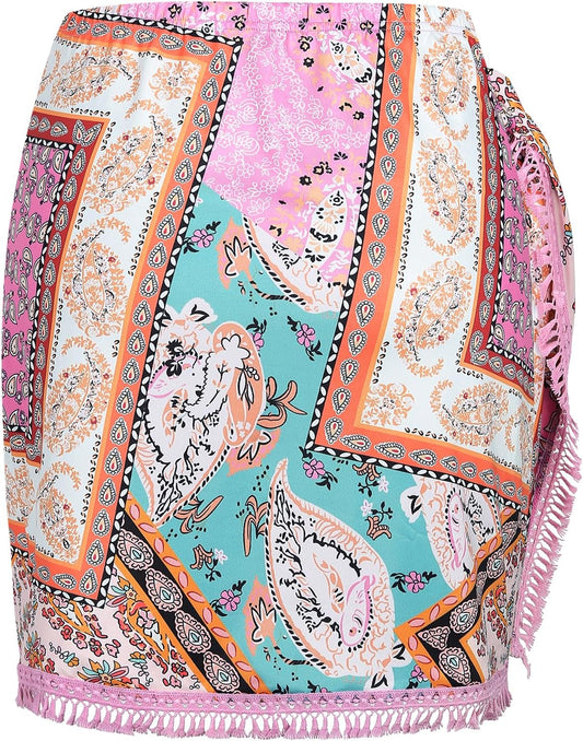 Slit Skirt for Women Boho Print Tie Side Wrap Tassel Casual Beach Mini Skirt
