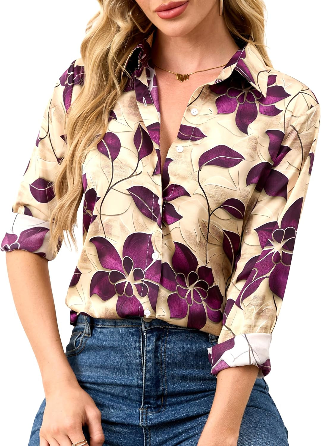Wrinkle-Resistant Women Silky Button down Shirts 2025 Fashion Printed Long Sleeve Blouse Dressy Casual Tops