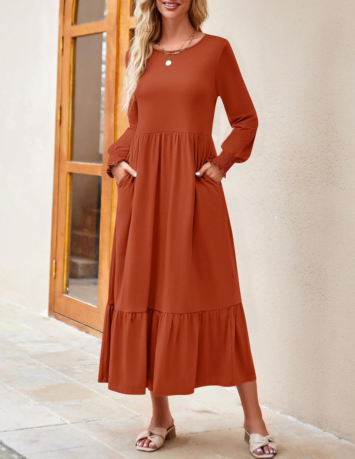 Women'S 2025 Fall Long Sleeve Dress Crewneck Casual Loose Pleated Tiered Swing Midi Dresses with Pockets
