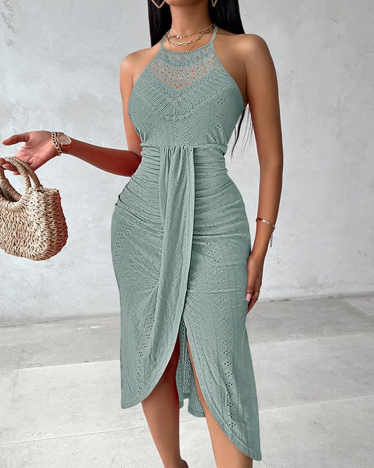Womens Summer Halter Dress Hollow Out a Line Vacation Dresses with Eyelet Embroidery & Side Slit