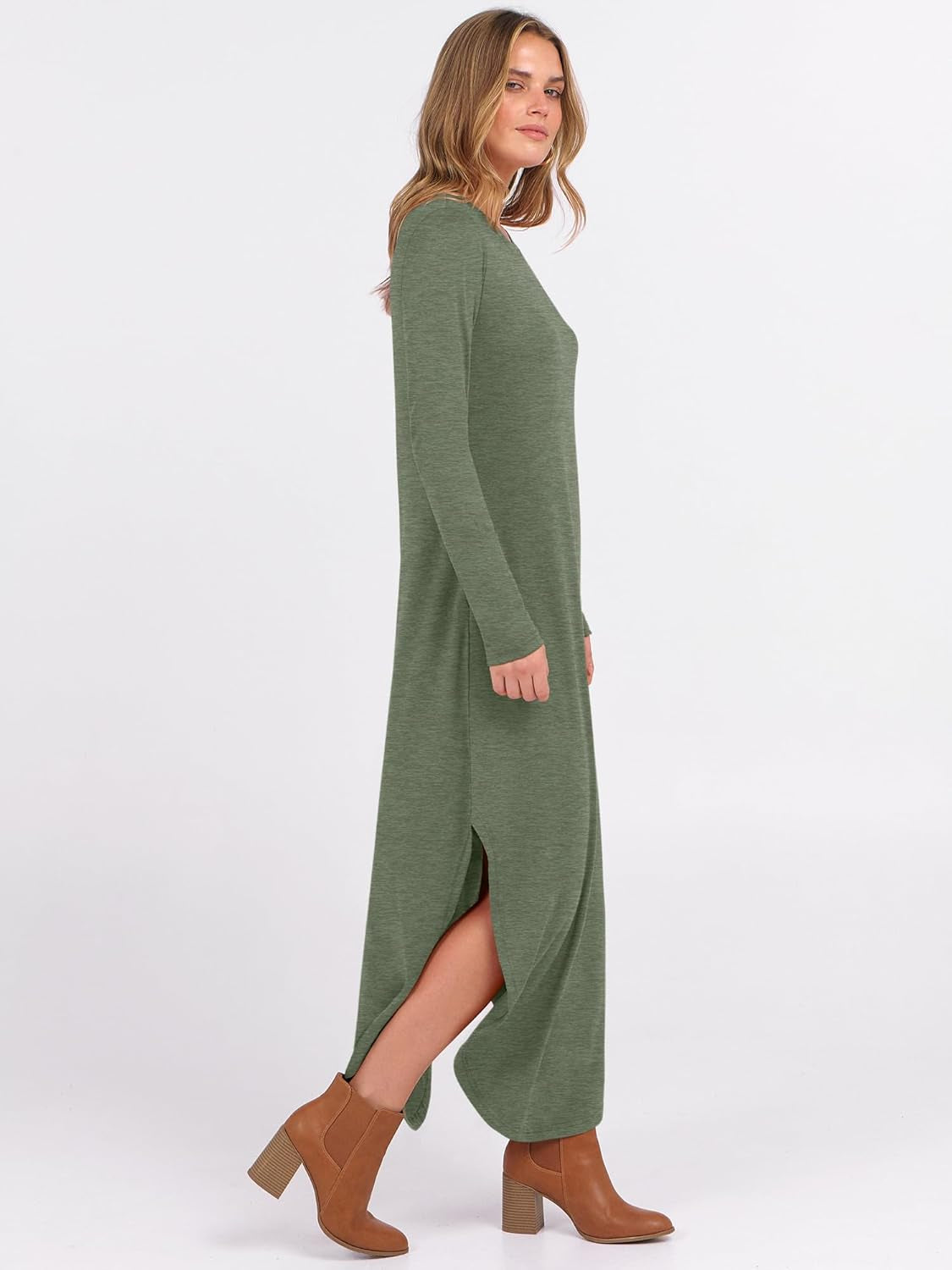 Women'S Long Sleeve Maxi Dresses 2025 Fall Outfits Casual Loose Split Travel Vacation T Shirt Dress with Pockets