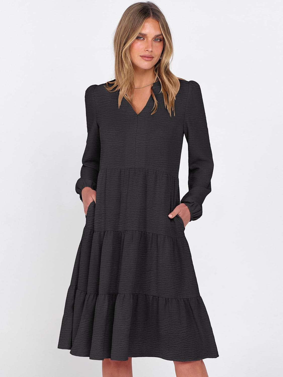 Womens Fall Midi Dresses Long Sleeve V Neck Swing Tiered Work Business Casual 2025 Flowy Beach Vacation Dress