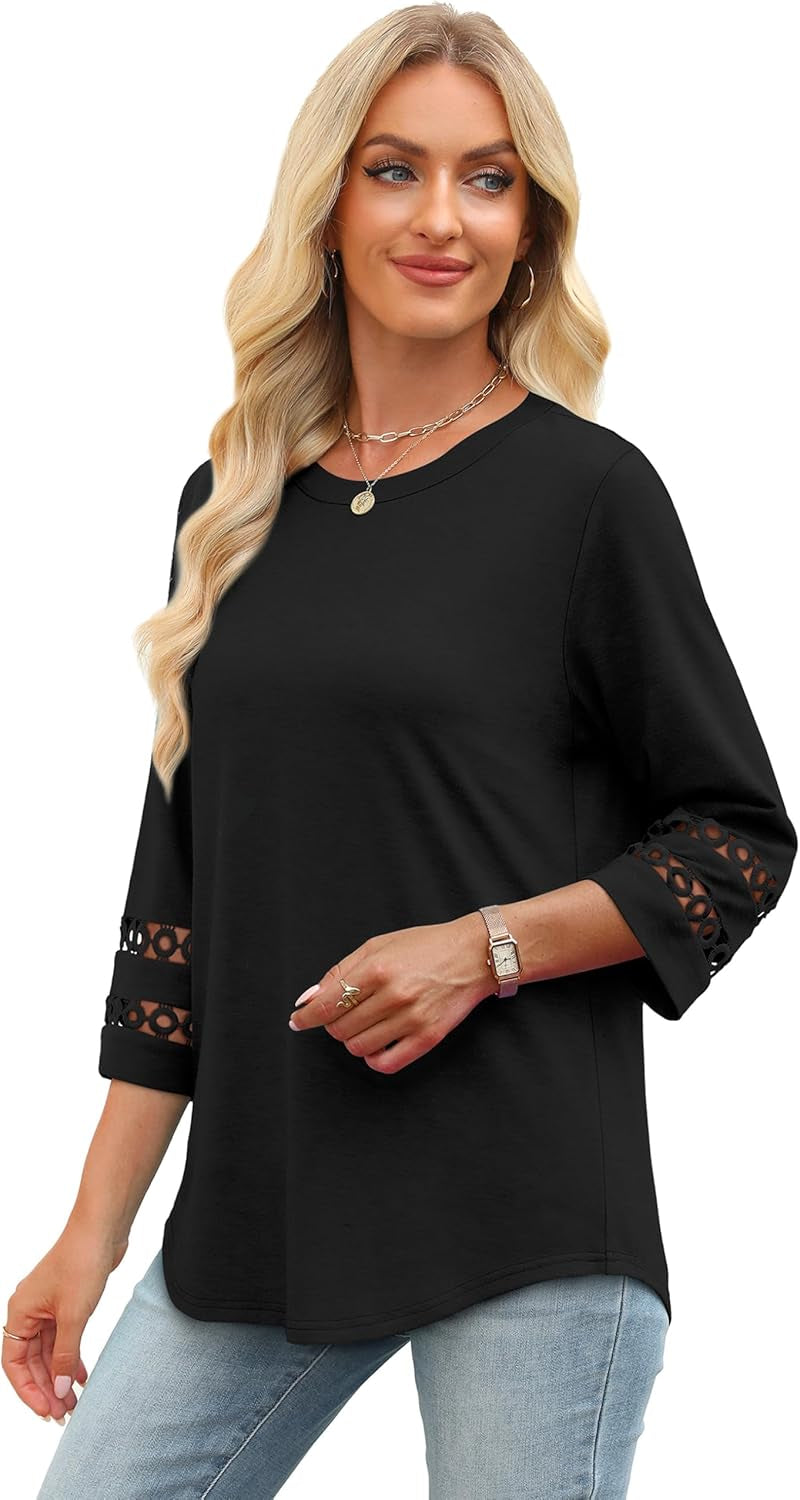 3/4 Length Sleeve Womens Tops and Blouses Dressy Casual Crewneck T Shirts Fashion Clothes Loose Fit Trendy