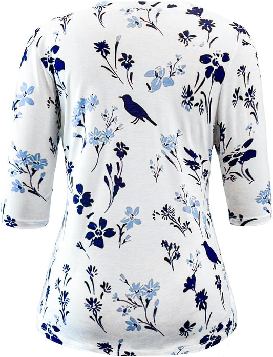 Womens Tops 3/4 Sleeve Shirts round Neck Loose Casual Blouses Floral Print Tshirts