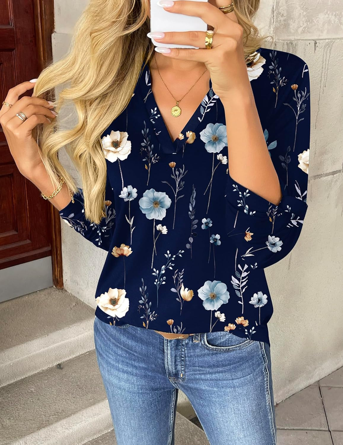 Womens Roll up Long Sleeve Tops V Neck Shirts Dressy Casual Work Blouses S-2XL