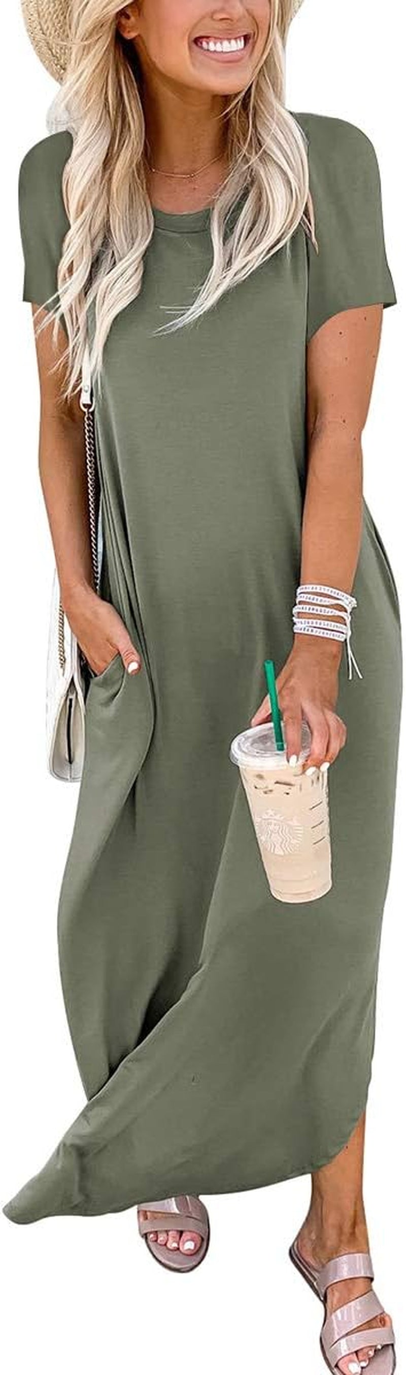 Womens Summer Maxi Dress Short Sleeve Casual Loose Long T Shirt Dresses Split Vacation Beach Sundress Travel Outfits