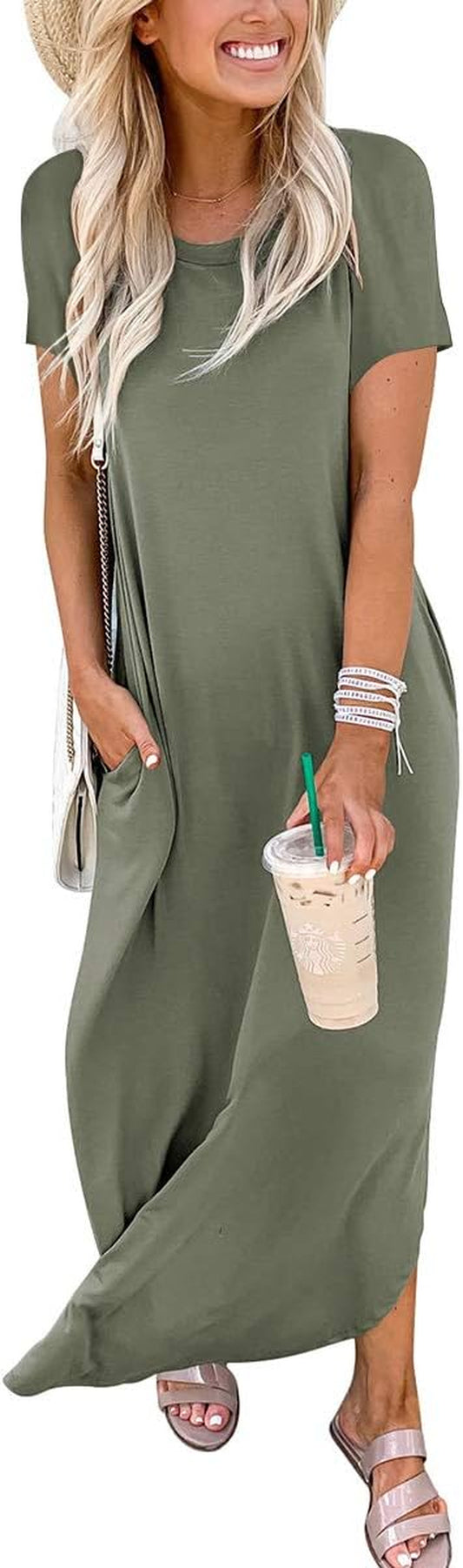 Womens Summer Maxi Dress Short Sleeve Casual Loose Long T Shirt Dresses Split Vacation Beach Sundress Travel Outfits