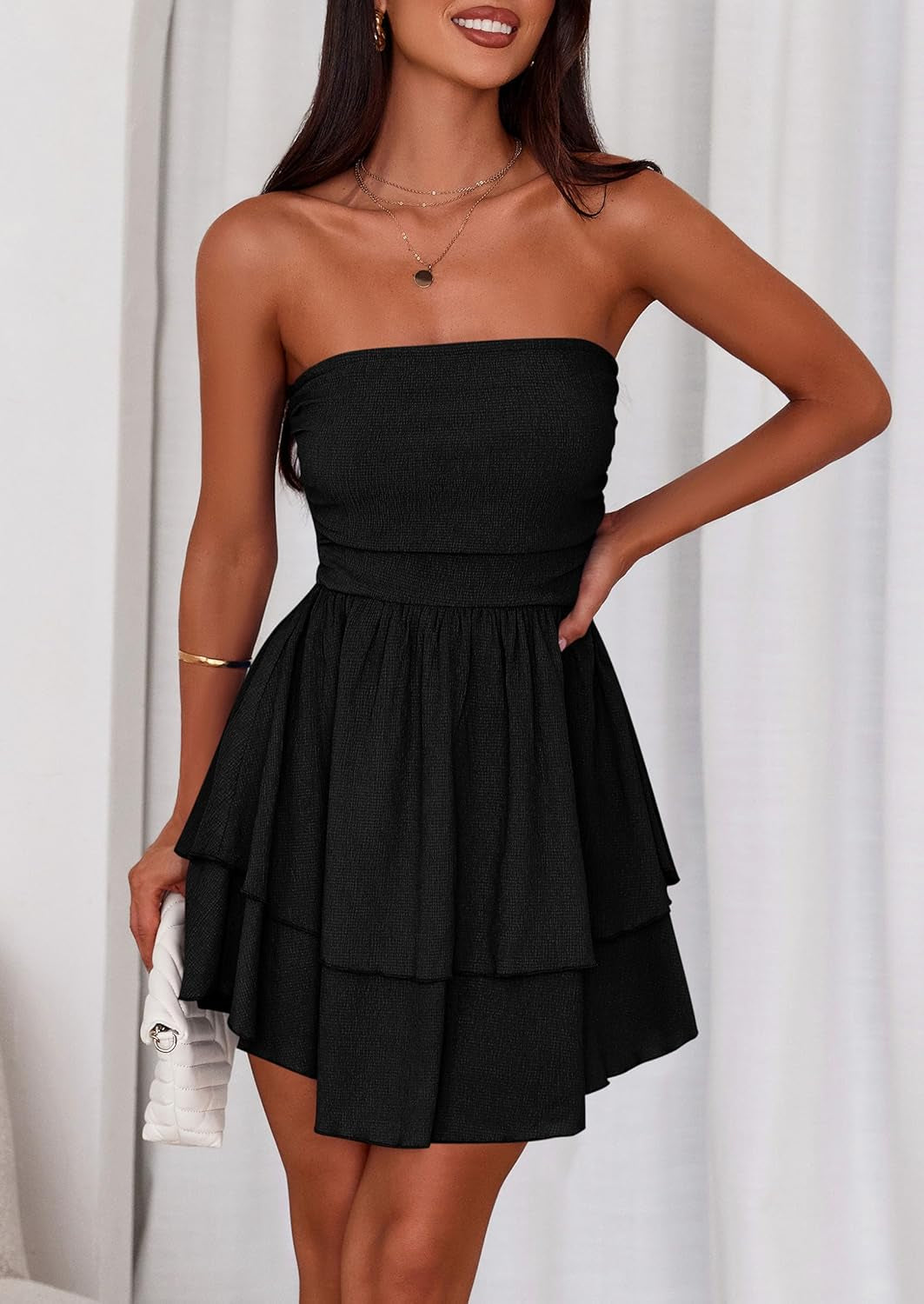 Women'S 2025 Summer Strapless Tube Mini Dress off Shoulder Smocked Ruffle a Line Flowy Short Party Club Dresses