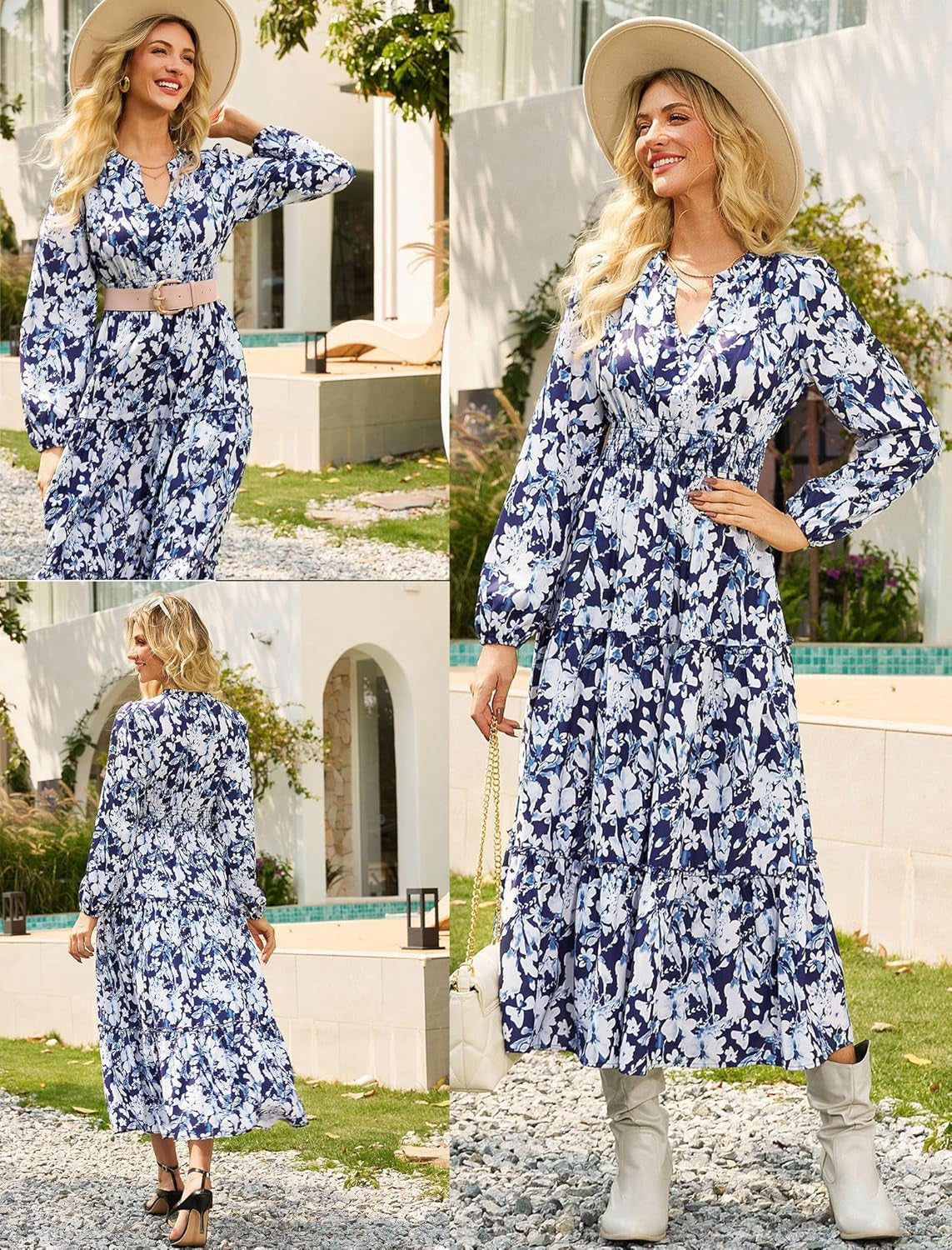 Women Floral Maxi Dress,2025 Fall Long Sleeve Casual Dresses,V Neck Boho Flowy Elegant Dress with Pockets