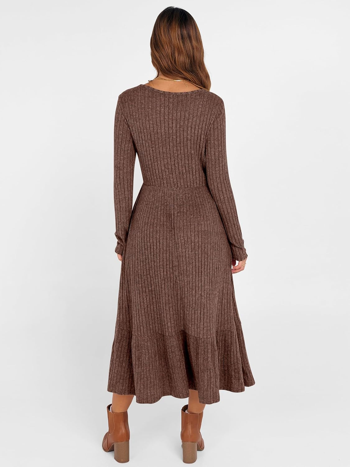 Womens Long Sleeve Midi Dress 2025 Fall Rib Knit Crew Neck a Line Soft Flowy Swing Dresses with Pocket Casual Trendy