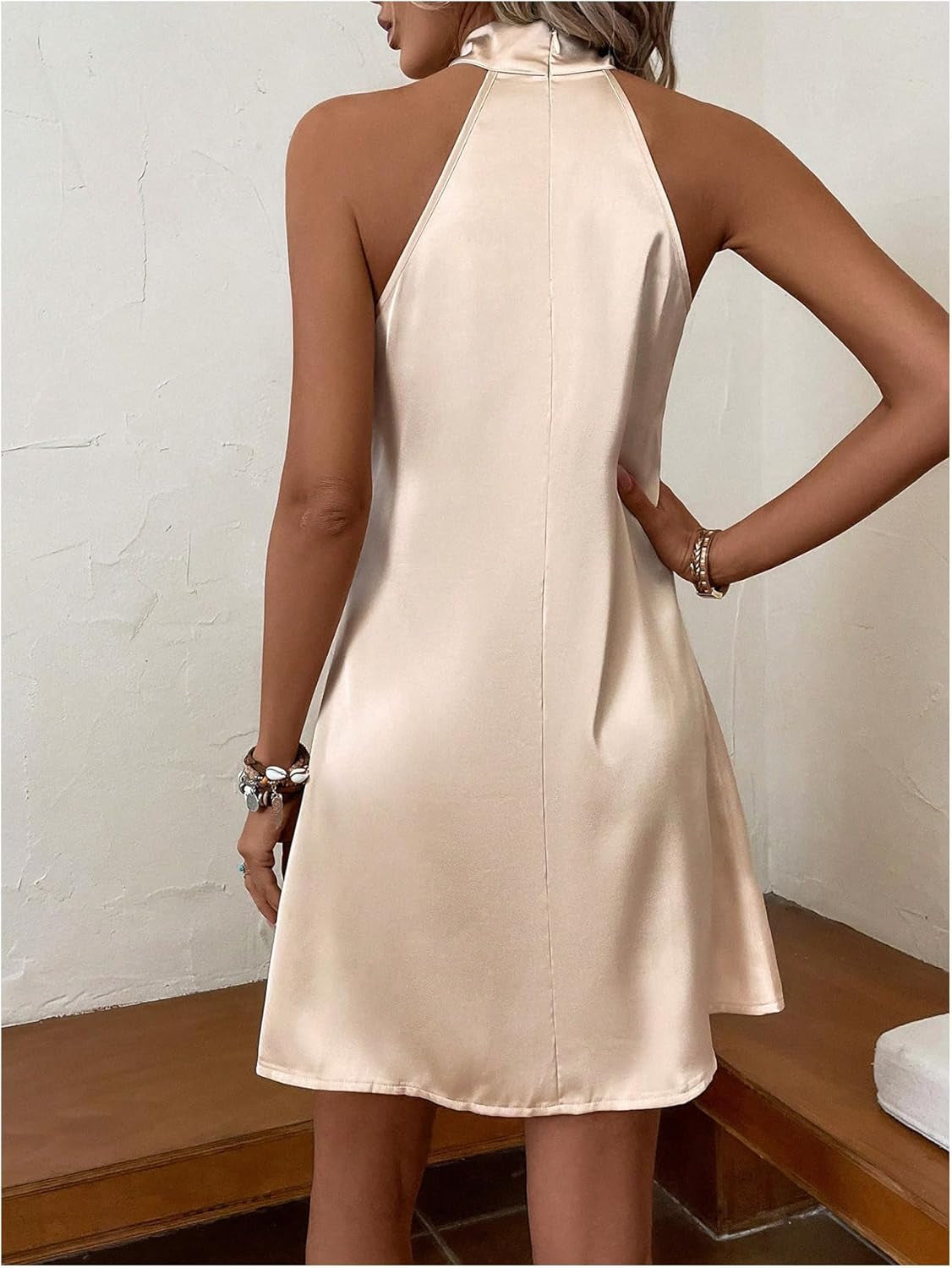 Women'S Pearl Beaded Halter Twist Sleeveless Tie Back Dress a Line Dress