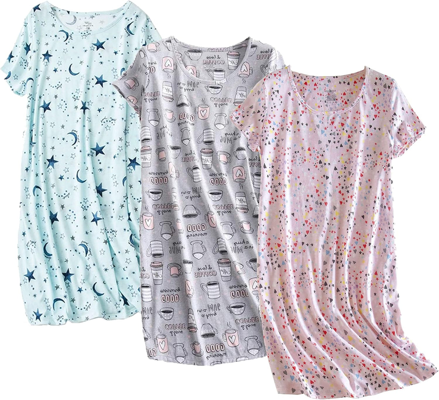 3 Pack Women'S Cotton Nightgown Sleepwear Short Sleeves Shirt Casual Print Sleepdress