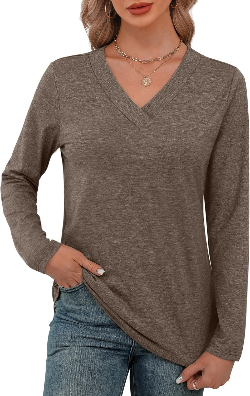 Long Sleeve Shirts for Women V Neck Fall Tops Basic Tunic Tops Loose Fit Dressy 2025