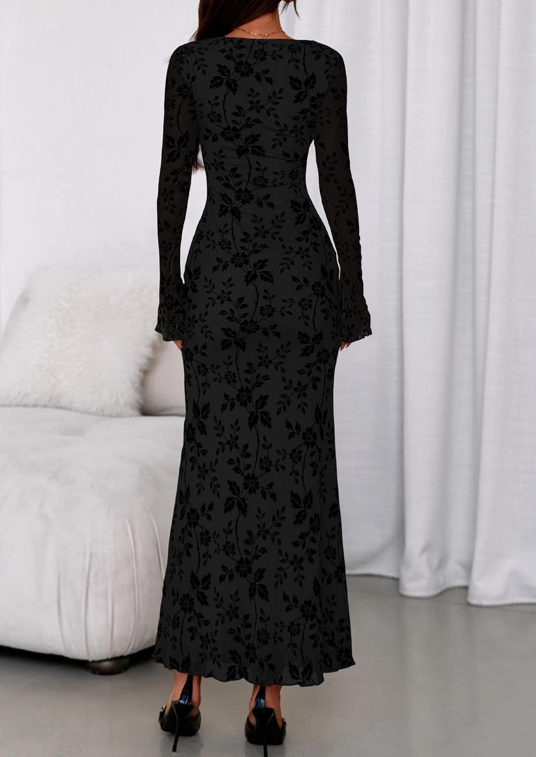 Women'S Floral Bodycon Maxi Dress 2025 Fall Elegant Mesh Long Sleeve Formal Wedding Guest Cocktail Dresses