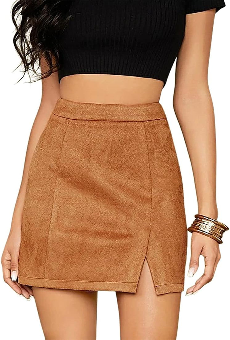 Women'S High Waist Faux Suede Side Split Bodycon Short Mini Skirt