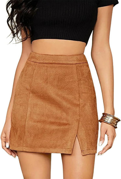 Women'S High Waist Faux Suede Side Split Bodycon Short Mini Skirt