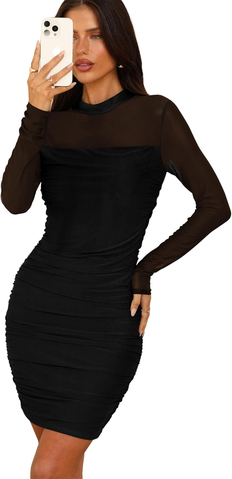 Women'S Mesh Sheer Long Sleeve Ruched Mini Dress Sexy Bodycon Mock Neck Cocktail Party Club Dresses 2025