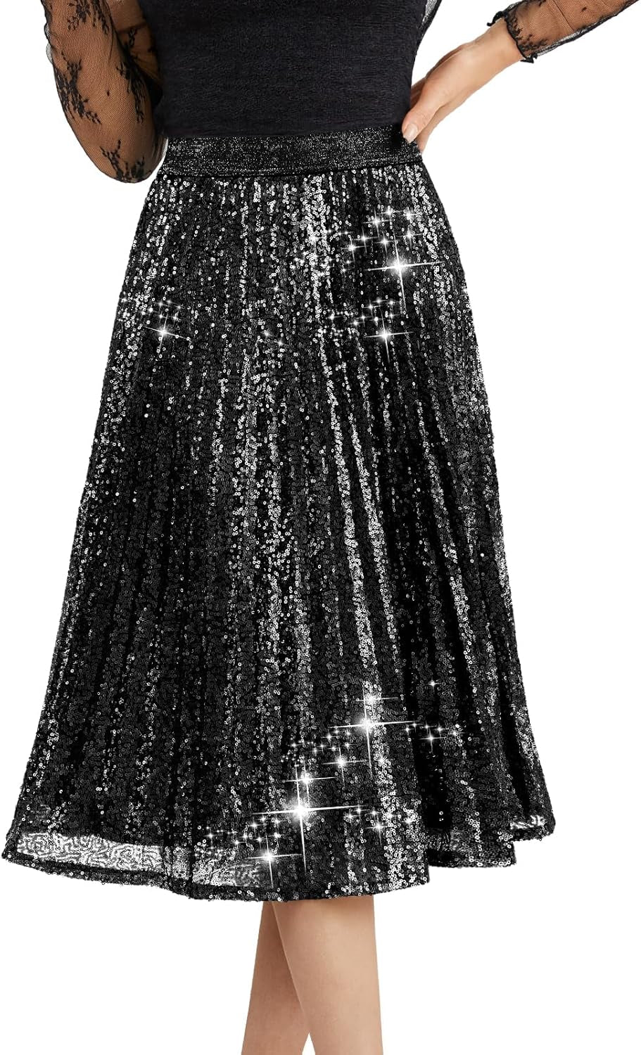 Sequin Skirt Elastic High Waisted A-Line Sparkle Pleated Skirts for Cocktail Party 2025