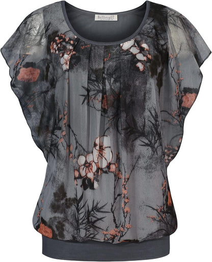 Womens Summer Tops Flutter Short Sleeve Pleated Front Mesh Shirts Dressy Casual Blouses