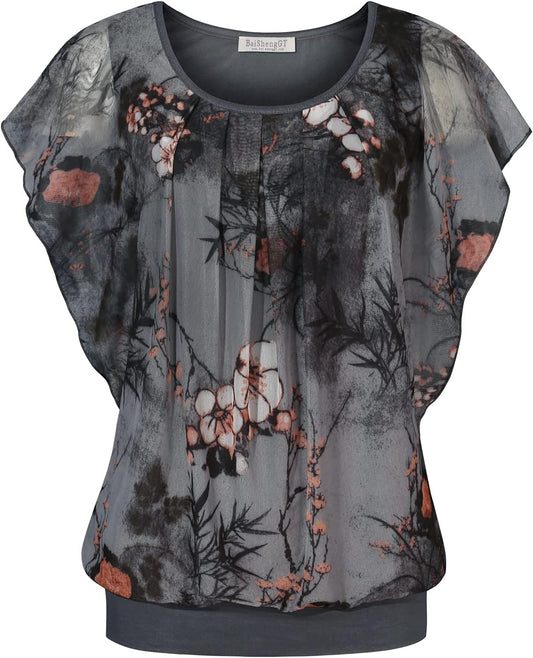 Womens Summer Tops Flutter Short Sleeve Pleated Front Mesh Shirts Dressy Casual Blouses