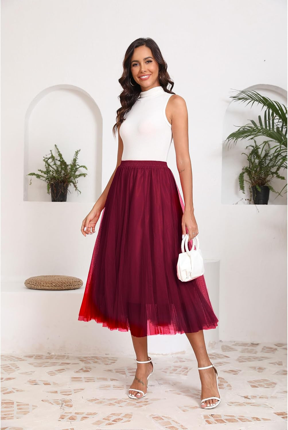 Women'S Winter Skirts 2 Layered Tulle Tiered Long Skirts Elastic Waist A-Line Midi Skirts