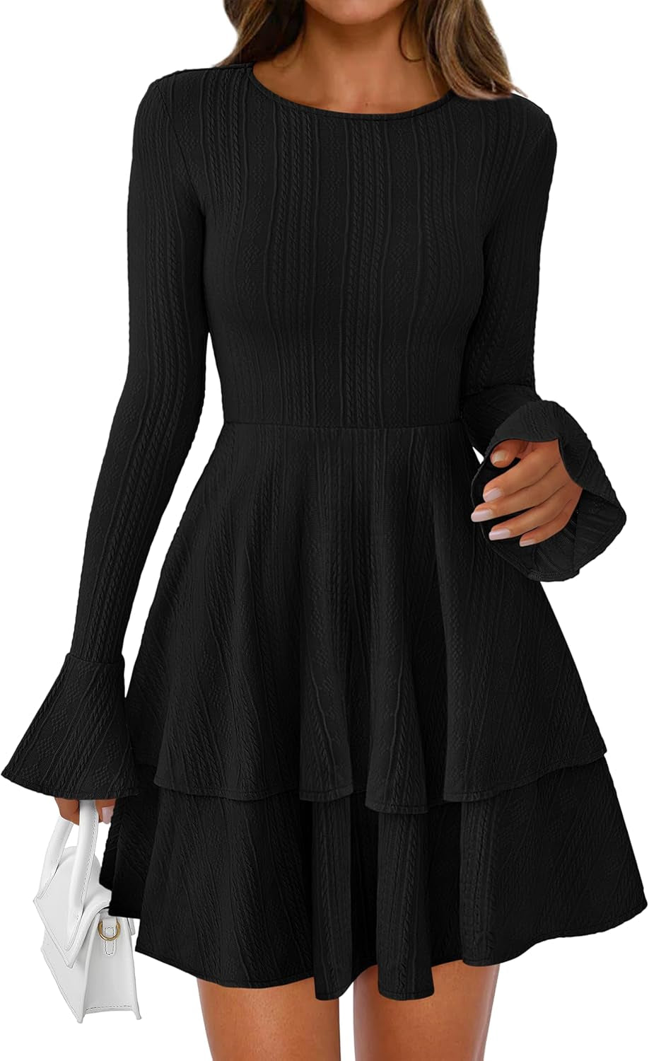 Womens Fall Fashion 2025 Long Bell Sleeve Mini Sweater Dress Casual Crewneck a Line Knit Short Cocktail Dresses