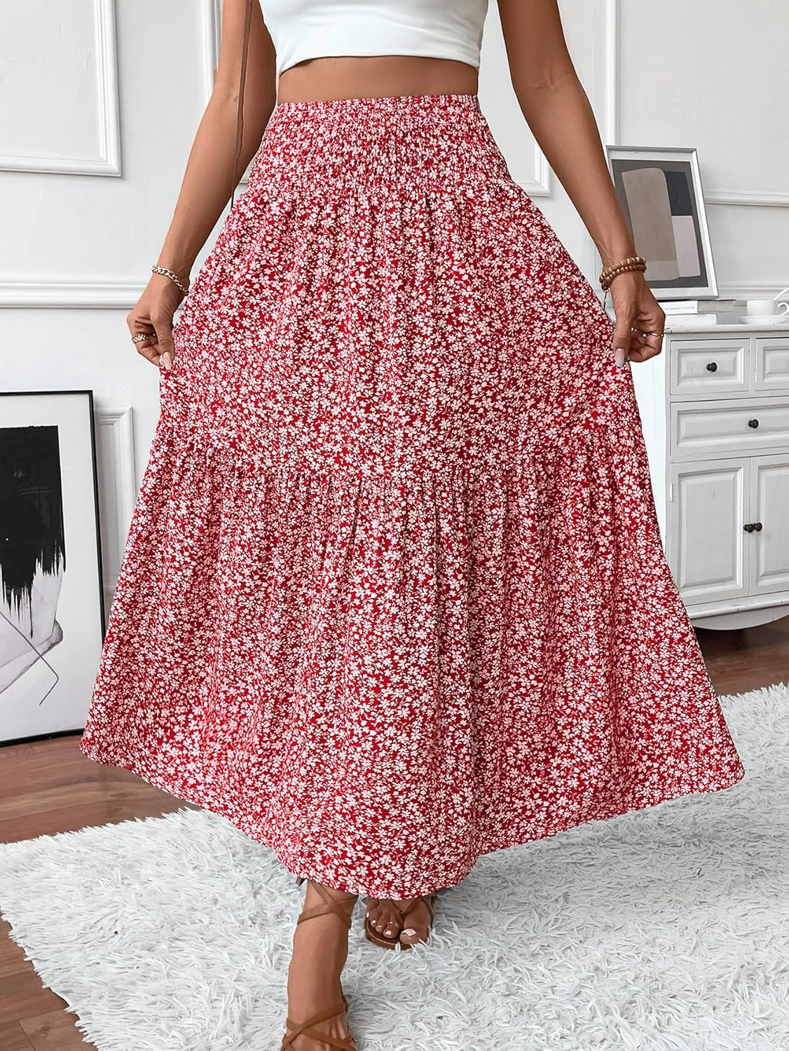 Women'S Smocked High Waist Maxi Skirt Casual Boho Long Skirts with Pockets