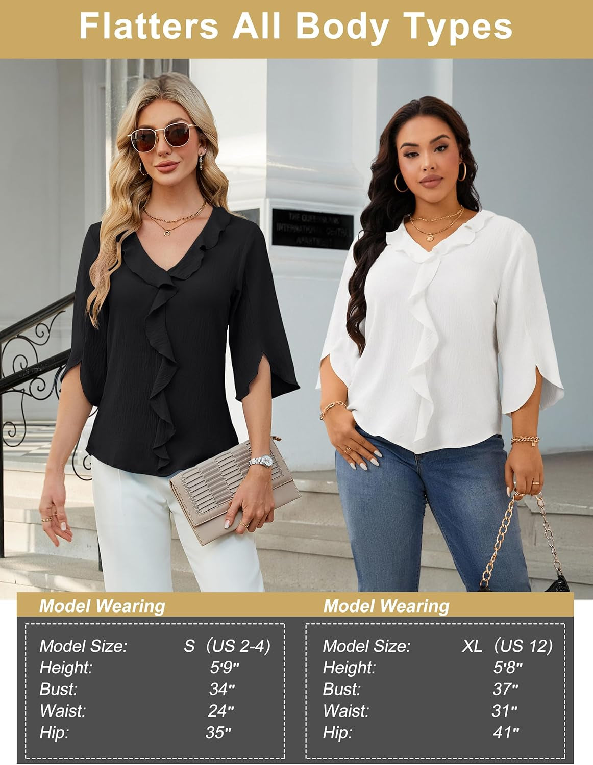 Womens Dressy Casual Blouses 3/4 Sleeve V Neck Ruffle Tops Business Ladies Summer Trendy Fashion Work Shirt