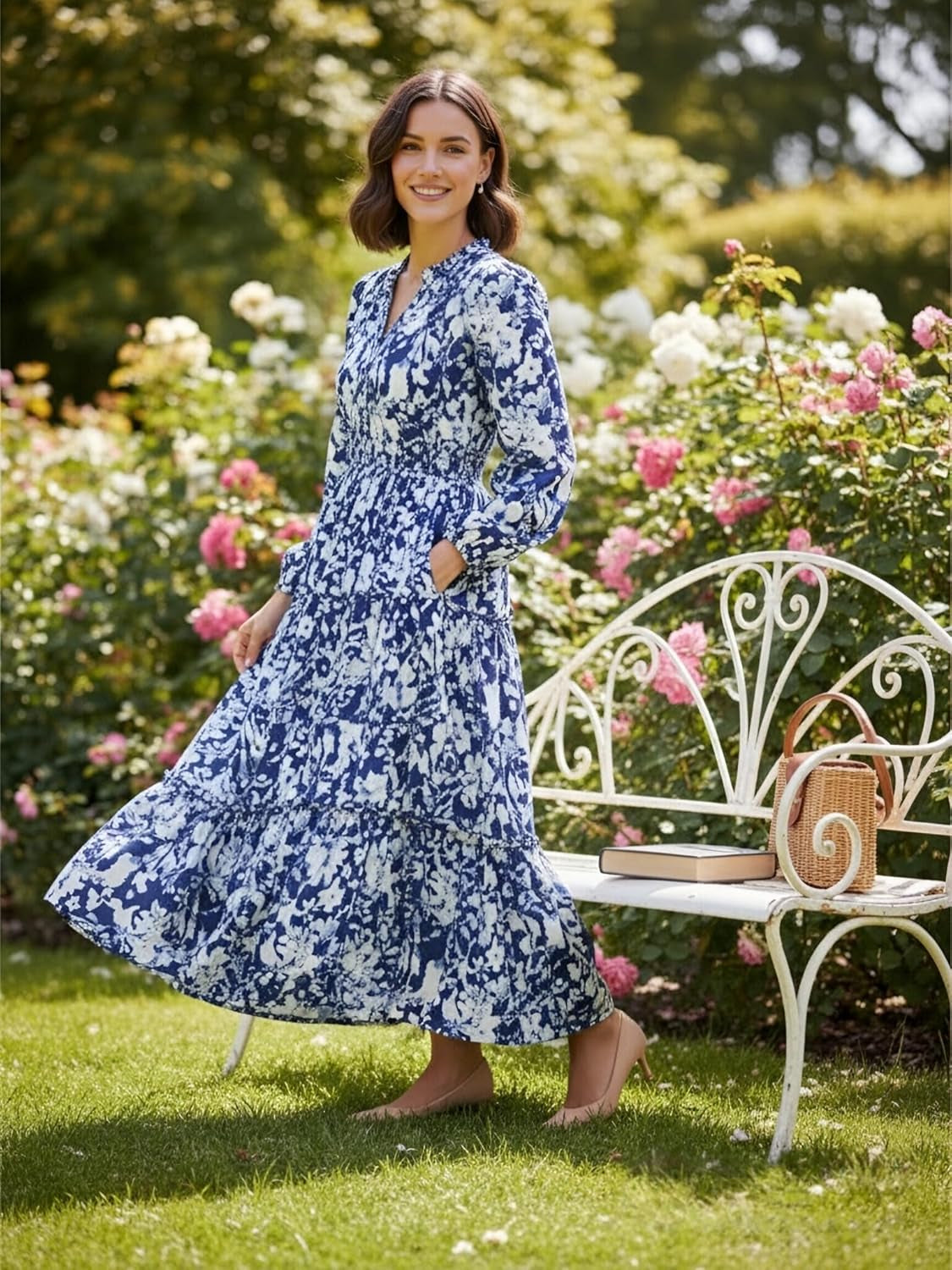 Women Floral Maxi Dress,2025 Fall Long Sleeve Casual Dresses,V Neck Boho Flowy Elegant Dress with Pockets