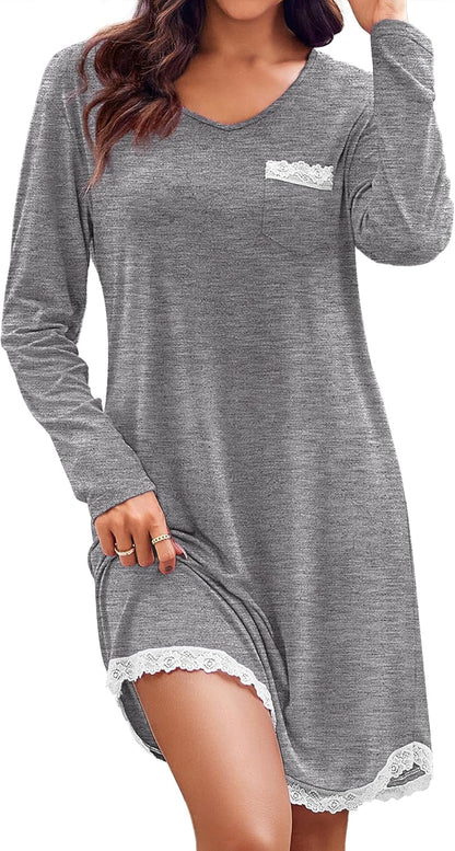 Womens Long Sleeve Nightgowns V Neck Sleepshirts Lace Nightshirts Casual T-Shirt Sleep Dress with Pocket