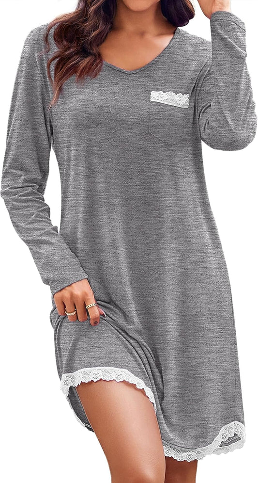 Womens Long Sleeve Nightgowns V Neck Sleepshirts Lace Nightshirts Casual T-Shirt Sleep Dress with Pocket