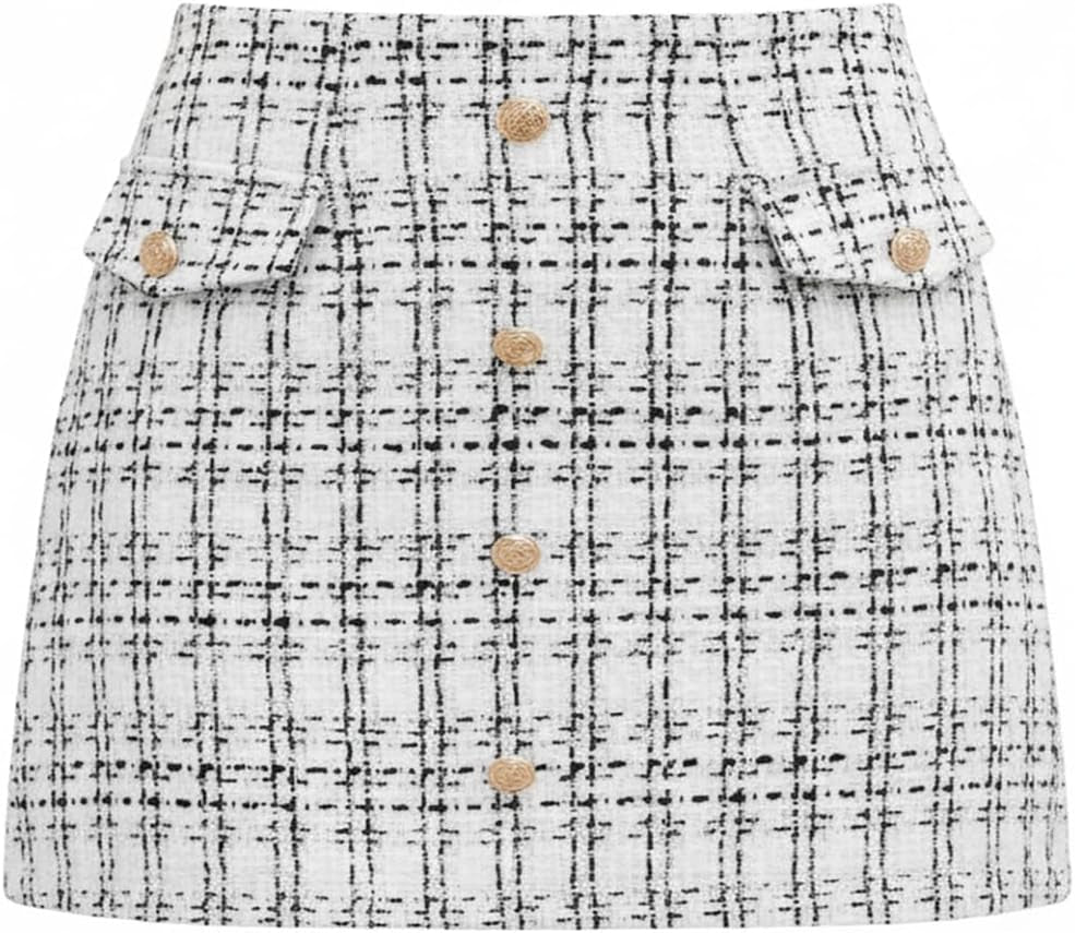 Women Mini Plaid Skirts Tweed High Waist Bodycon Pencil Hem Fall Winter Dressy Outfits Shorts