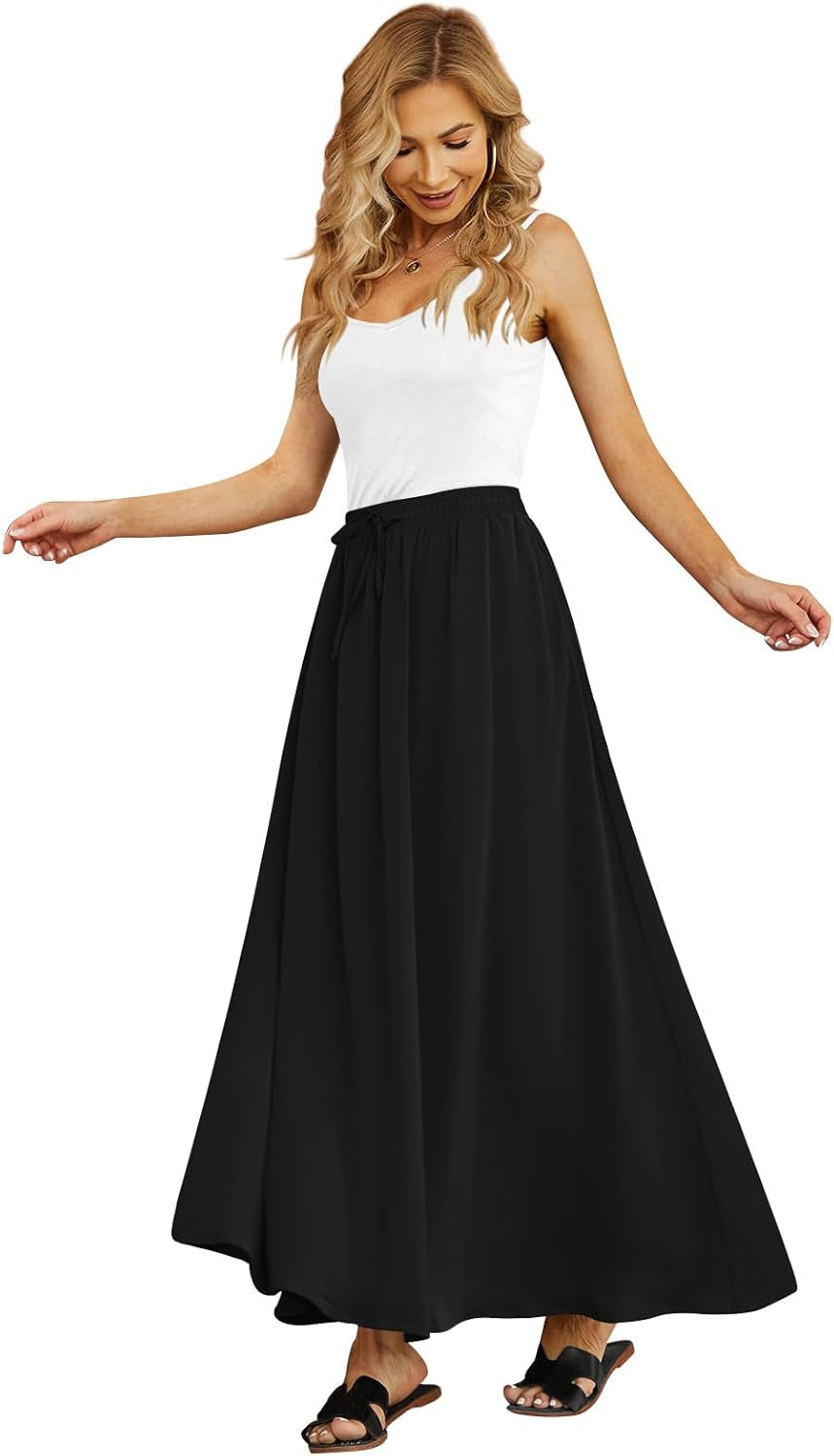 Women'S Flowy Maxi Skirt Summer Pleated High Waisted Casual Long Skirts with Pockets