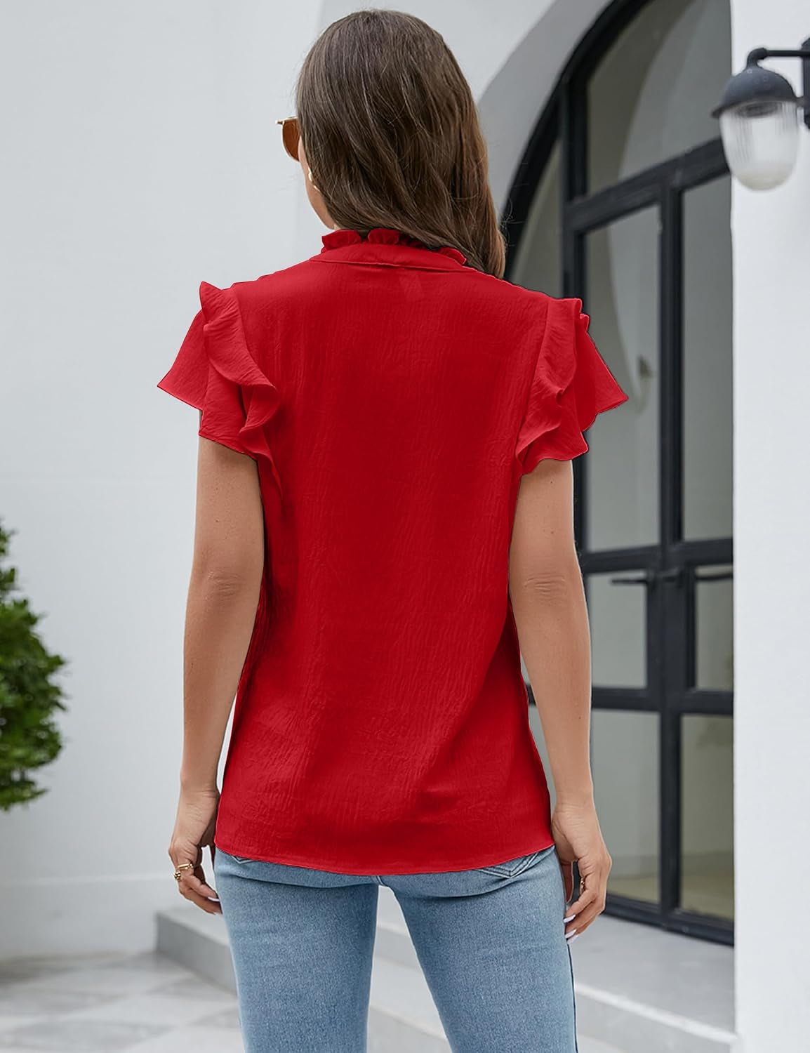 Womens Dressy Casual Tops Ruffle Short Sleeve V Neck Shirts Elegant Business Work Blouse