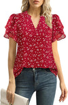 Womens Dressy Chiffon Blouses Summer Puff Petal Short Sleeve Shirts V Neck Casual Work Tops