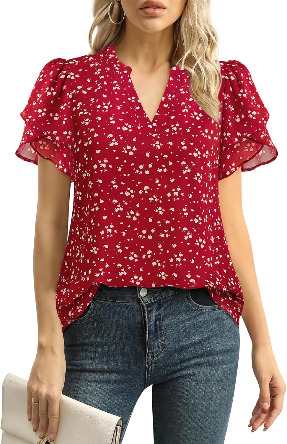 Womens Dressy Chiffon Blouses Summer Puff Petal Short Sleeve Shirts V Neck Casual Work Tops