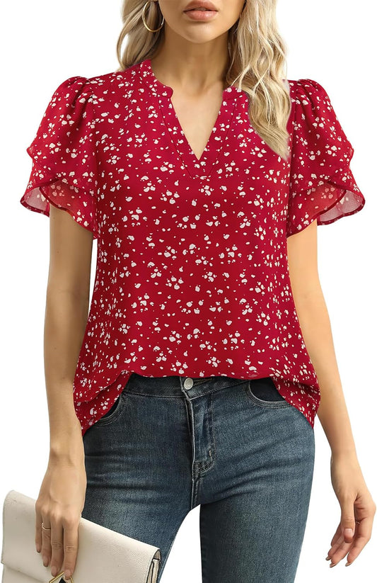 Womens Dressy Chiffon Blouses Summer Puff Petal Short Sleeve Shirts V Neck Casual Work Tops