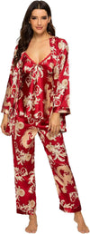 Women'S Silk Satin Pajamas Set 3 Pcs Floral Silky Pj Sets Sleepwear Cami Nightwear with Robe and Pant