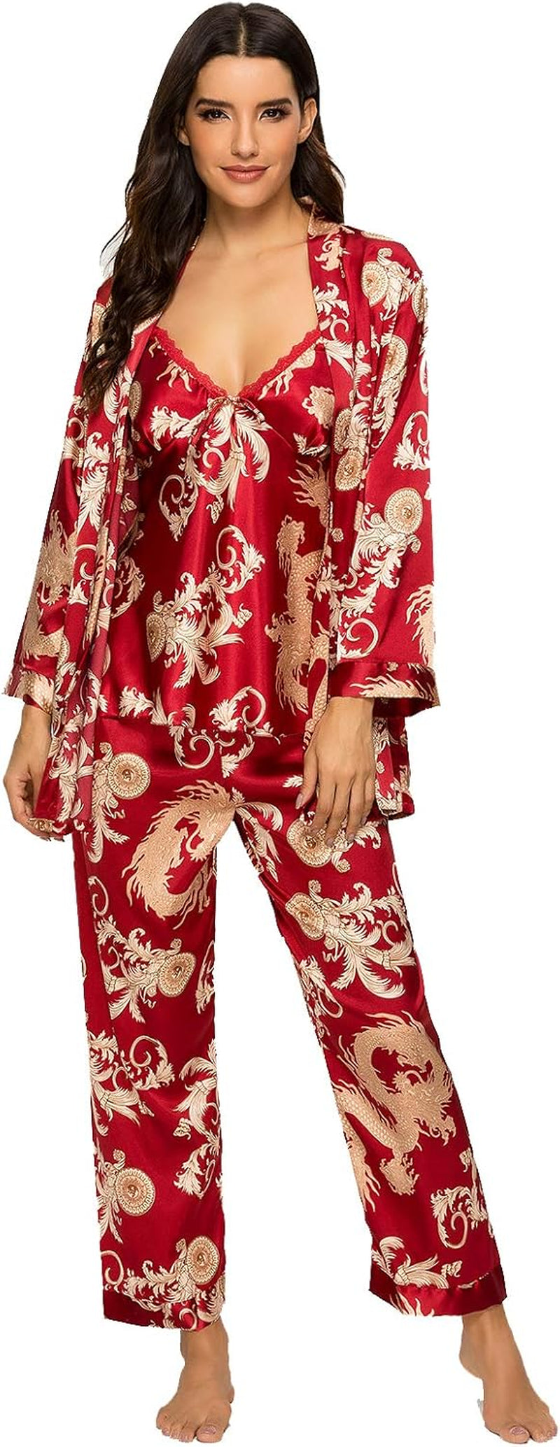Women'S Silk Satin Pajamas Set 3 Pcs Floral Silky Pj Sets Sleepwear Cami Nightwear with Robe and Pant